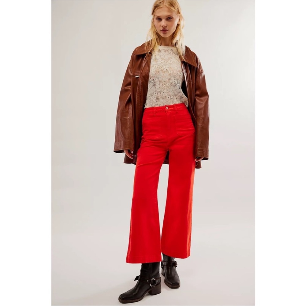 Rolla’s Sailor High Rise Wide Leg Jean in Blood Orange Red Patch Pocket Stretch